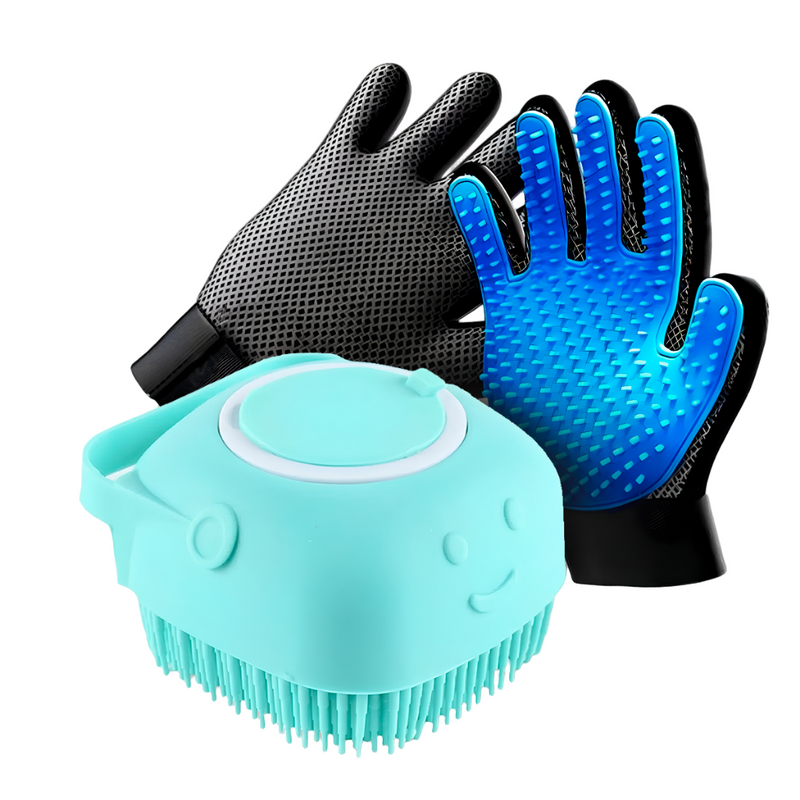 Kit Cuidados Pet Luva Tira Pelos Nano + Escova lava Pet Silicone Dispenser Cachorro Gato
